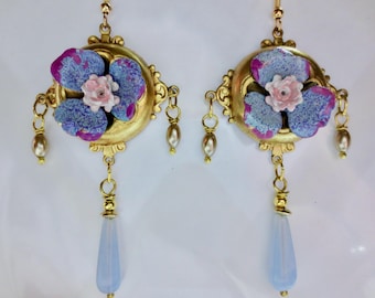 Art Nouveau large floral earrings, Edwardian earrings, vintage flower drop earrings, opal blue glass, 1920s 1930s style statement jewellery