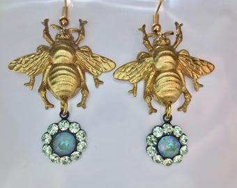 Large Art Nouveau bee earrings,  Art Deco earrings, vintage aqua green opal crystal drop earrings, bumble bee, vintage jewellery