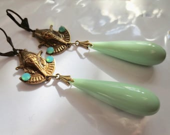 Egyptian Revival Art Deco Pharaoh green drop statement earrings