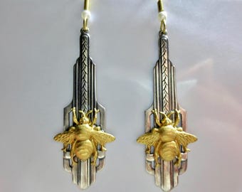 Art Deco bee earrings, mixed metal, Art Nouveau vintage style bee earrings