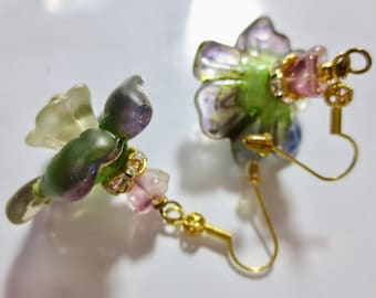 Art Nouveau Lily Earrings: Large Vintage Hand Painted Lucite Flower,  Pearl Drop