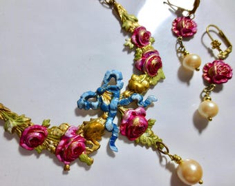 Victorian necklace and earrings set, dainty handpainted Art Nouveau rose garland necklace, floral earrings, vintage pearls