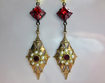 Tudor style earrings,  vintage ruby and pearl crystal earrings