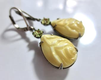 Rare vintage Victorian silver earrings, ivory cream glass and jonquil drop earrings, floral earrings