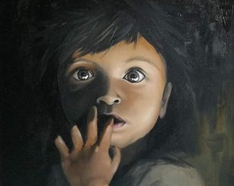 ドラマチックな照明の下で描かれた子供の手描きの肖像画