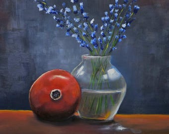 油絵 – ザクロとラベンダーの花