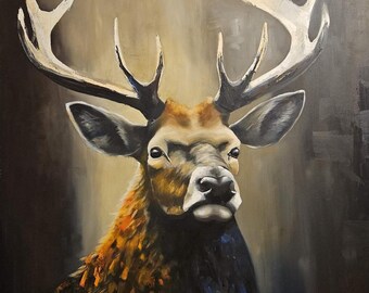 キャンバスに描かれた角のある鹿の野生動物油絵