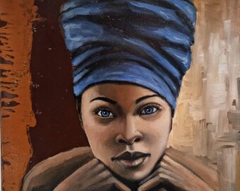 青いヘッドラップを巻いたアフリカの女性の肖像画の油絵