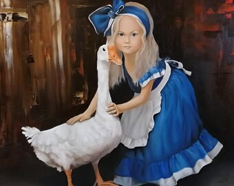 ヴィンテージスタイルのドレスを着たブロンドの少女とガチョウの手描きキャンバス