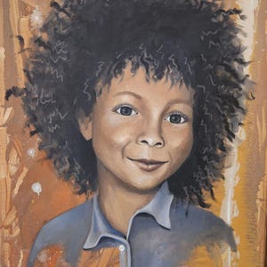 Retrato de criança pintado à mão com cabelo cacheado