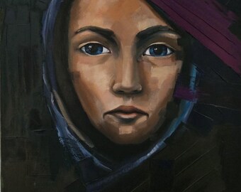 オリジナルの油絵肖像画抽象的な女性の顔 - 表現力豊かな現代アート