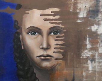 抽象的な少女の肖像画の油絵、表情豊かな三つ編みのキャンバスアート