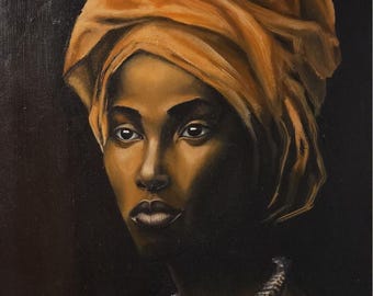 オレンジ色のスカーフを巻いたアフリカ女性の手描きの肖像画