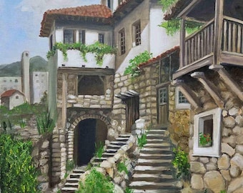 歴史的な村の建築のオリジナルアートワーク - 石と木のディテール