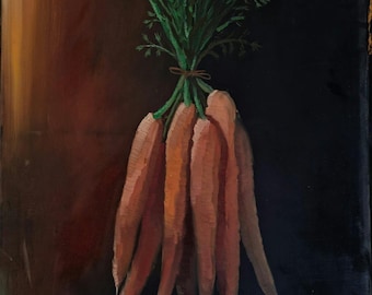 オリジナル油絵 – キャンバスに描かれたニンジンの静物画