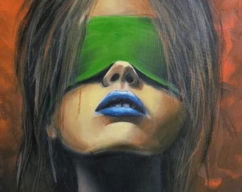 緑の目隠しをした女性の表現主義的なキャンバスアート