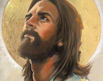 黄金の光背を持つイエス・キリストのオリジナル油絵 - 宗教的アイコンアート