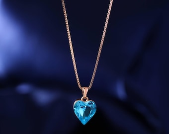 14k Gold Heart Blue Topaz Pendant Necklace: Sterling Silver Box Chain