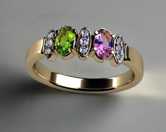Sterling Silver Mothers Ring: Green & Pink Oval Stones, Birthstone Jewelry