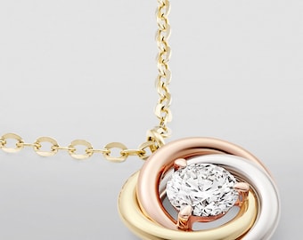 Sterling Silver Tri-Color Interlocking Rings Diamond Necklace