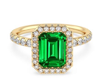 Emerald Cut Green Stone Ring, Diamond Halo, Gold Plated Sterling Silver