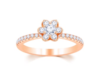 Rose Gold Flower Diamond Ring: Sterling Silver Engagement Promise Ring