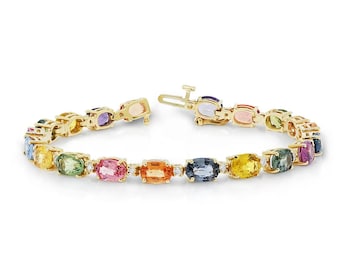 Multi Gemstone Tennis Bracelet: 14K Gold over Sterling Silver