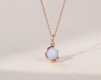 Sterling Silver Moon Necklace, White Opal Pendant, Dainty Jewelry