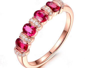 Ruby & Diamond 925 Sterling Silver Ring: Rose Gold Anniversary Band