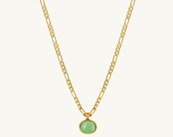 Green Jade Pendant Necklace: Gold Plated Sterling Silver, Figaro Chain