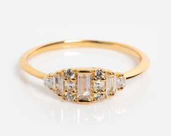 Gold Plated Sterling Silver Ring: Baguette & Round Diamond Stones