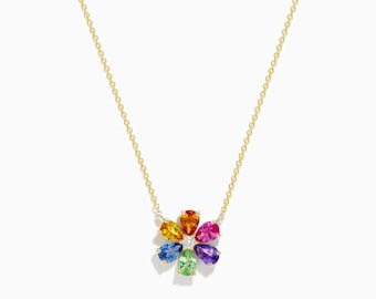 Rainbow Gemstone Flower Necklace: Gold Plated Sterling Silver Pendant
