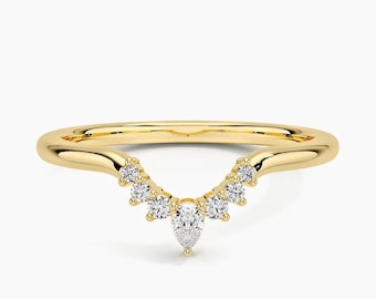 Gold Plated Sterling Silver V Ring: Pear & Round Diamond Stacking Jewelry