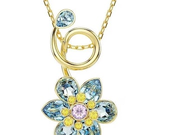 Blue Diamond Flower Pendant Necklace: Gold Plated Sterling Silver Jewelry