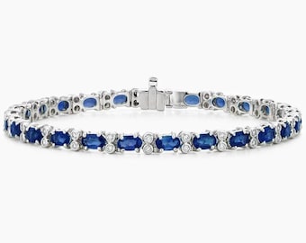 Blue Sapphire Oval Tennis Bracelet 925 Sterling Silver CZ Halo Bracelet Wedding Gift for Her Anniversary Jewellery