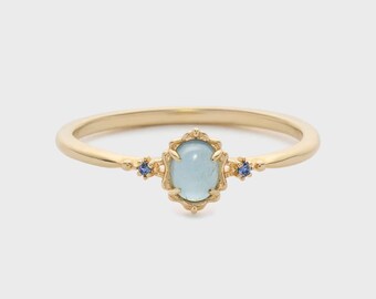 Aquamarine Sterling Silver Ring: Dainty Oval Cabochon, March Birthstone