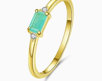 Gold Plated Sterling Silver Emerald Cut Ring: Diamond Accents