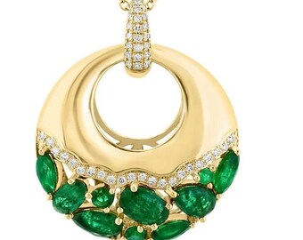 Gold Plated Sterling Silver Circle Pendant Necklace: Green Stone & Diamond