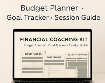 Kit de coaching financiero / Plantillas de Canva para coaches / Planificador de presupuesto, seguimiento de objetivos y guía de sesiones