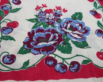 Retro Jumbo Dish Tea Towel 1950s Large Kitchen Towel Red Circles Dishes Cruet Holders Covered Bowls Small Table Cover Tablecloth MCM