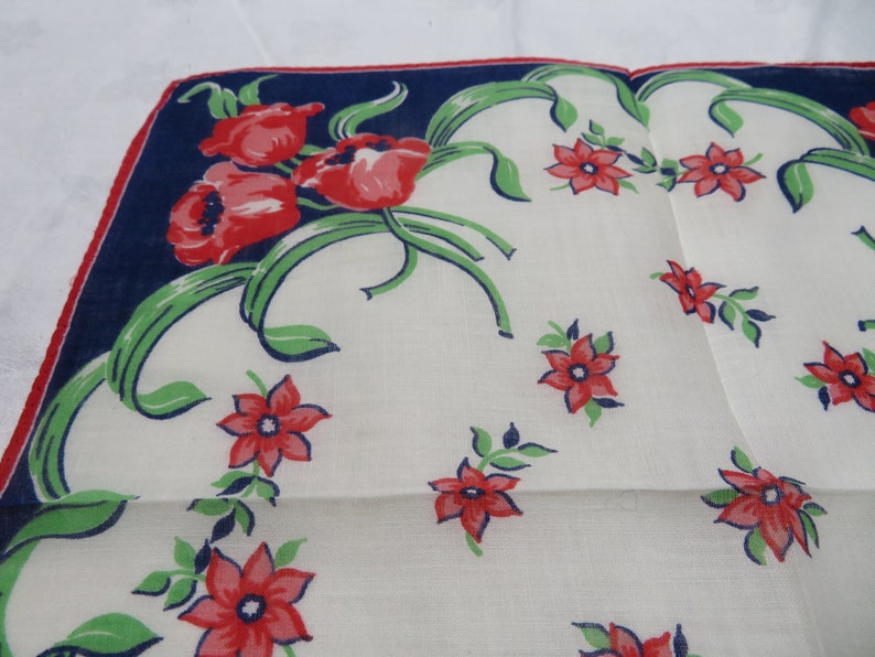 Vintage Floral Printed Handkerchief; Navy Border; Floral Bouquet in Each Corner; Fashion Accessory; Great Gift Item