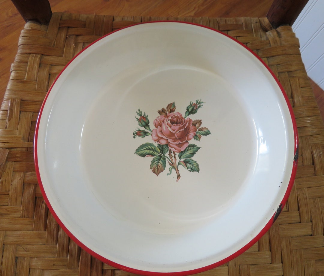 Vintage White Enamelware Pie Pan or Plate With Pink Roses Etsy