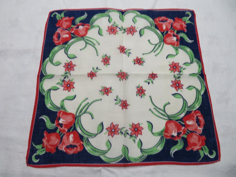 Vintage Floral Printed Handkerchief; Navy Border; Floral Bouquet in Each Corner; Fashion Accessory; Great Gift Item