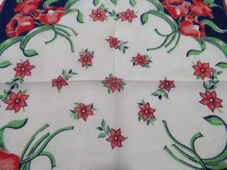 Vintage Floral Printed Handkerchief; Navy Border; Floral Bouquet in Each Corner; Fashion Accessory; Great Gift Item