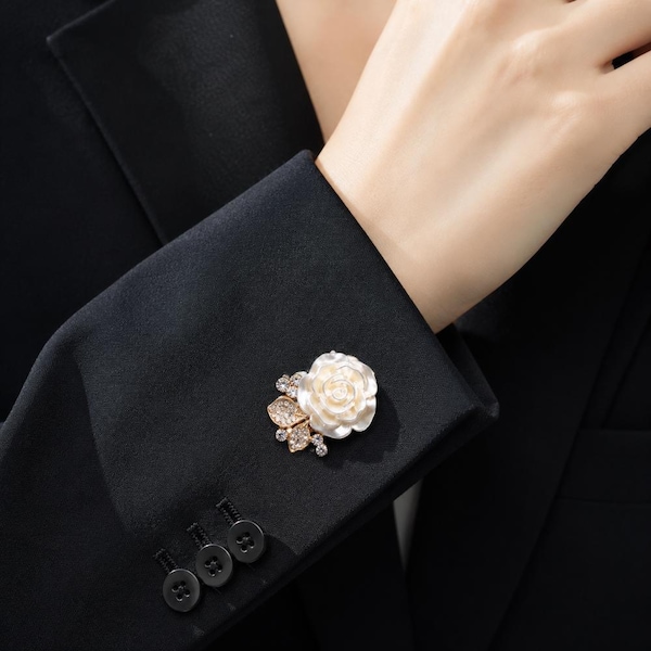 White Rose Cufflinks, Floral Crystal Cuff Links, Resin Flower Wedding Shirt Accessory