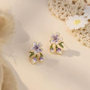 Hand-Painted Enamel Cherry Blossom Earrings: Gold-Plated Floral Studs