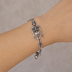 Skull Skeleton Bracelet, Punk Gothic Alloy Bone Chain, Silver Halloween Jewelry Gift
