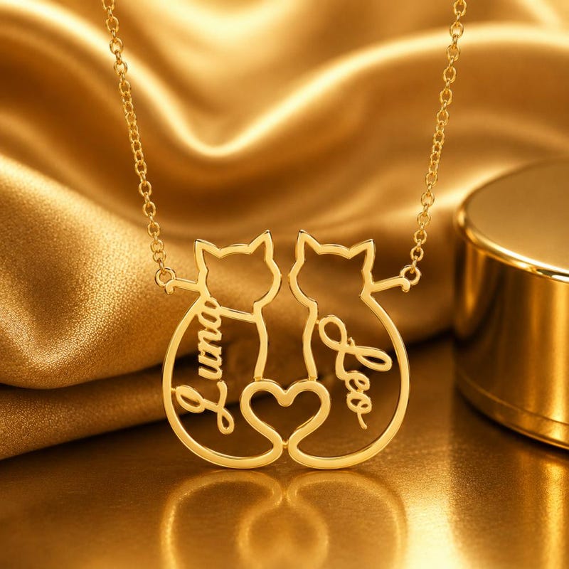 Personalized Cat Couple Necklace, Custom Name Cat Jewelry, Romantic Gift