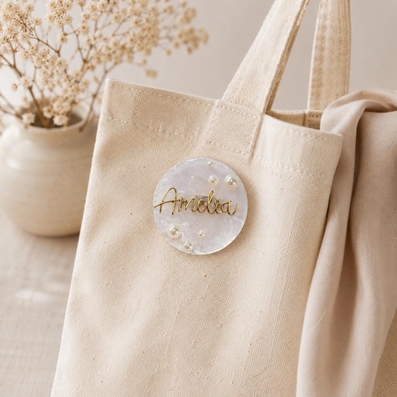 Personalized Name Shell Bag Charm, Pearl Purse Pendant, Custom Handmade Gift