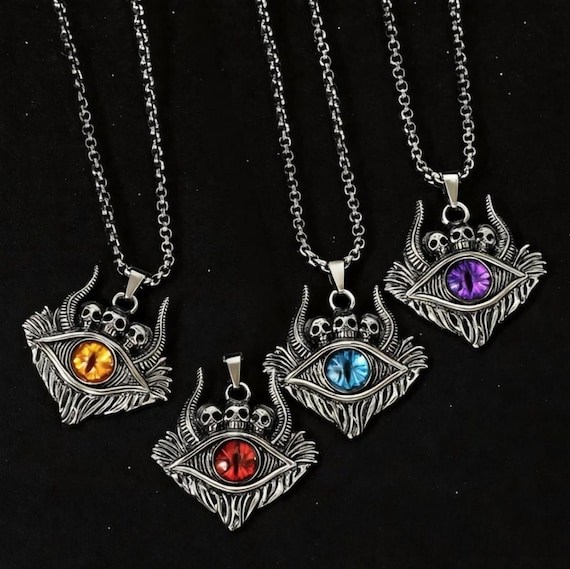 Vintage Punk Demon Eye Necklace, Gothic Evil Eye Skull Pendant 